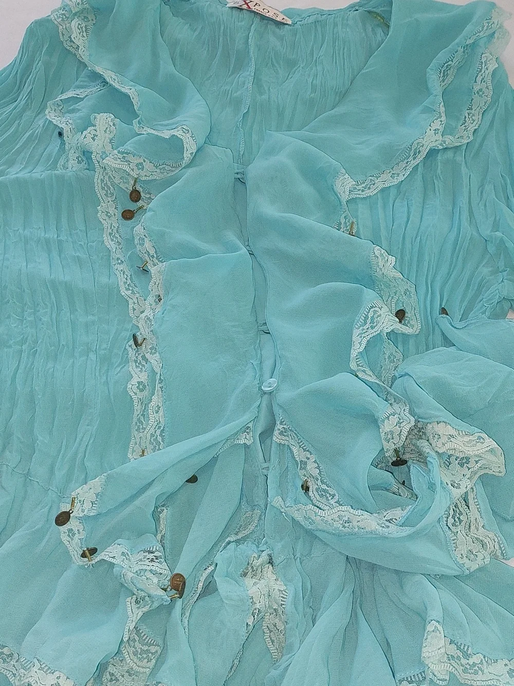 Expose France USA Italy Turquoise Ruffled Women's Blouse .Size XL - Picture 6 of 11